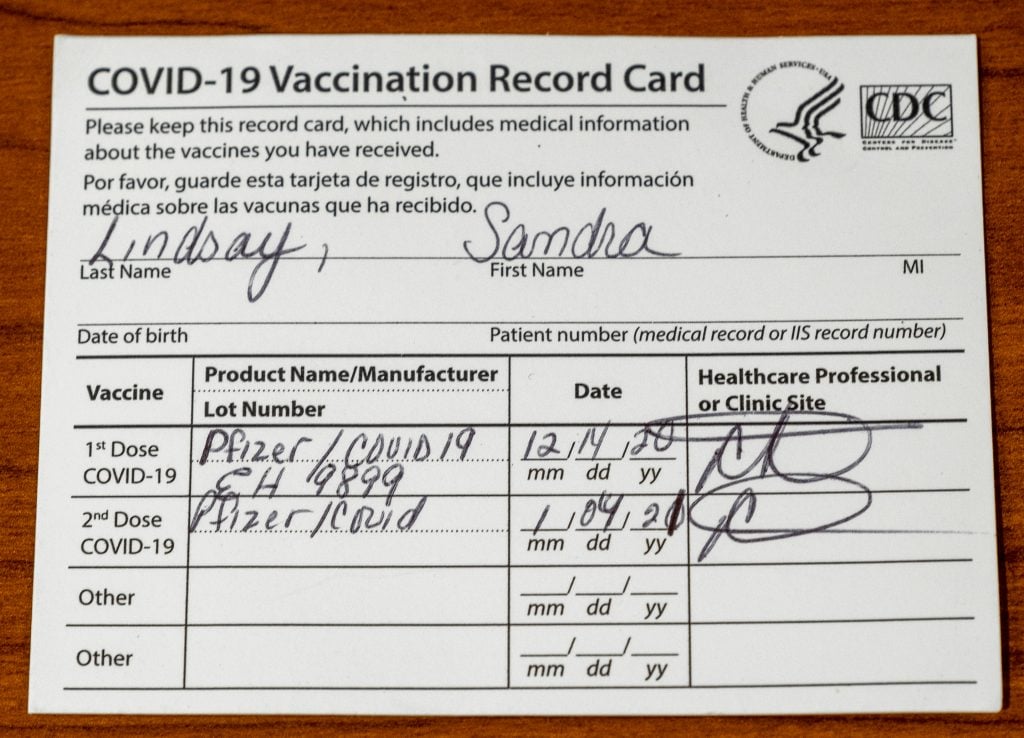 Vaccination card for nurse Sandra Lindsay, the first person known to receive the vaccine in the US. Photo courtesy of Northwell Health.