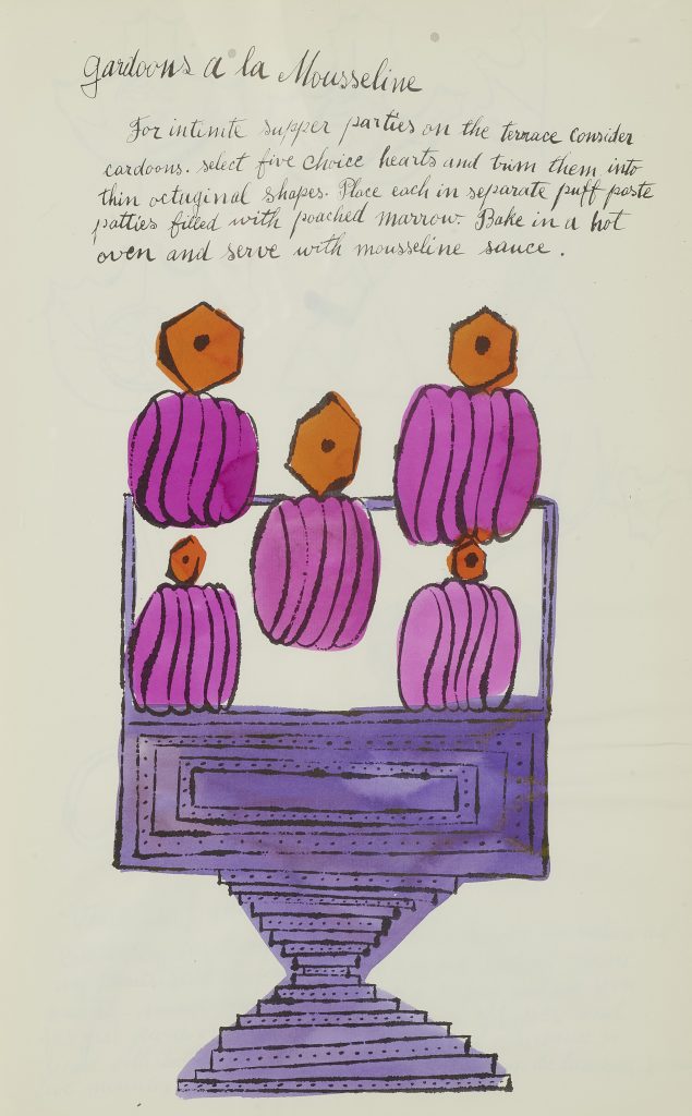 Andy Warhol and Suzie Frankfurt, <em>Wild Raspberries</em> (1959), recipe for "gardoons a la Mousseline." Photo courtesy of Bonhams New York. 