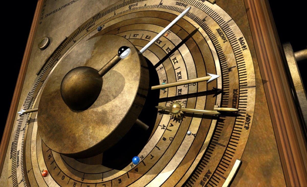 Computer model of the cosmos display on the front of the Antikythera mechanism, showing positions of the Sun, Moon, and five planets, as well as the phase of the Moon and its nodes. Image courtesy of the University College London.