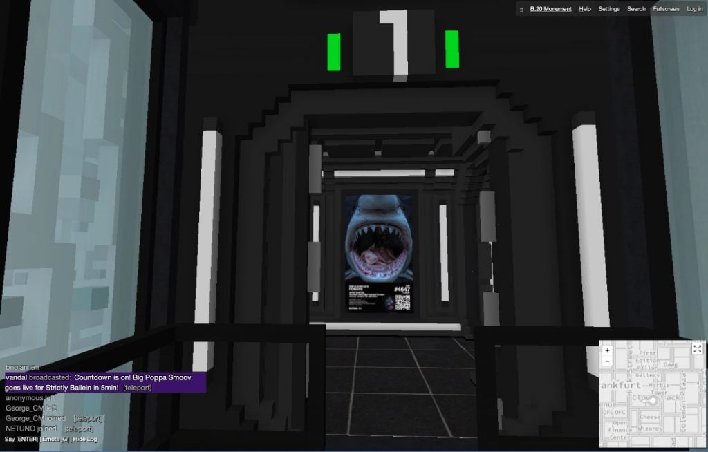 Exiting the elevator on Floor 1 of the B.20 Museum in CryptoVoxels.