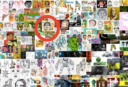 Detail of <em>Everydays: The First 5,000 Days</em> showing the location of Beeple's <em>a fat nerdy chinese kid and his imaginary friends</em>.