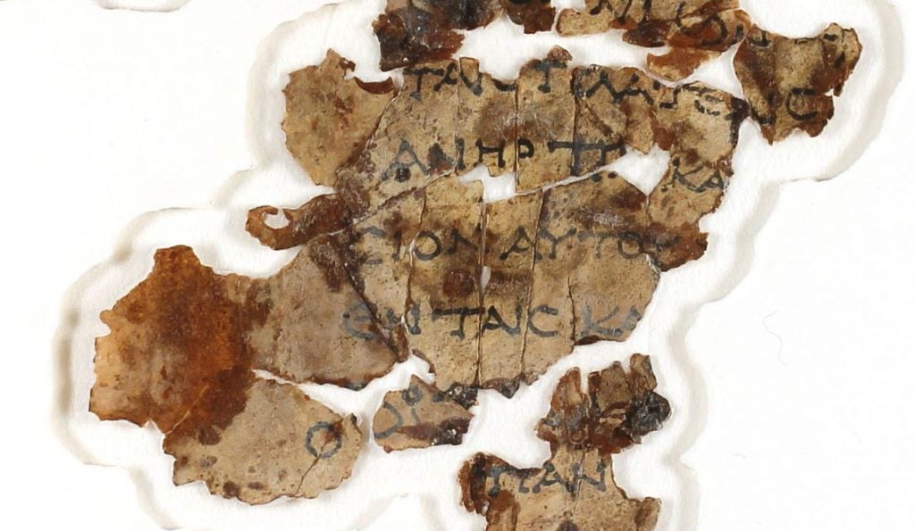 A new Dead Sea Scroll featuring part of the Book of the Twelve Minor Prophets scroll, written in Greek. Photo by Shai Halevi, courtesy of the Israel Antiquities Authority.