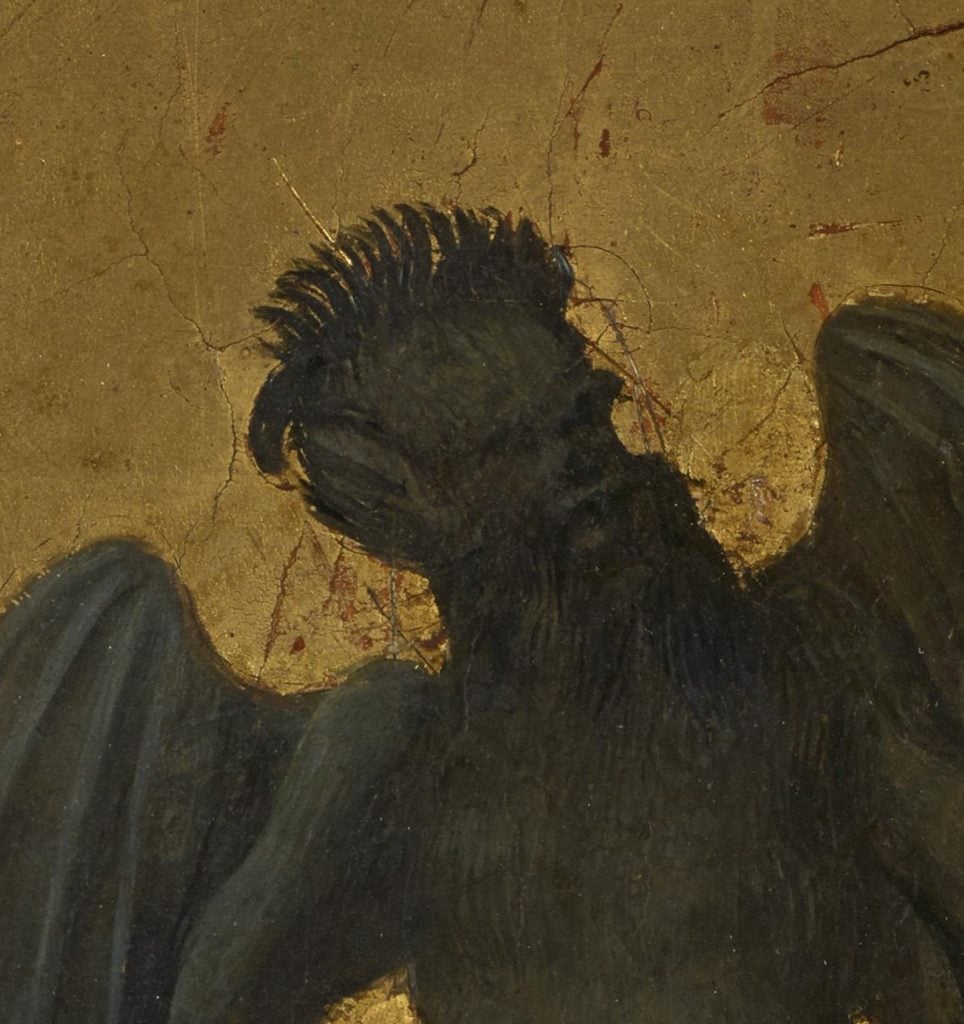 Detail of the devil's face in Duccio di Buoninsegna, <em>Temptation of Christ on the Mountain</em> (1308-11)