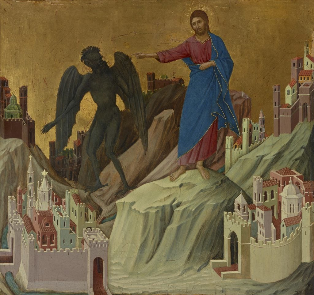 Duccio di Buoninsegna, <em>Temptation of Christ on the Mountain</em> (1308-11) with the angels removed via Photoshop. Editing by Taylor Dafoe.
