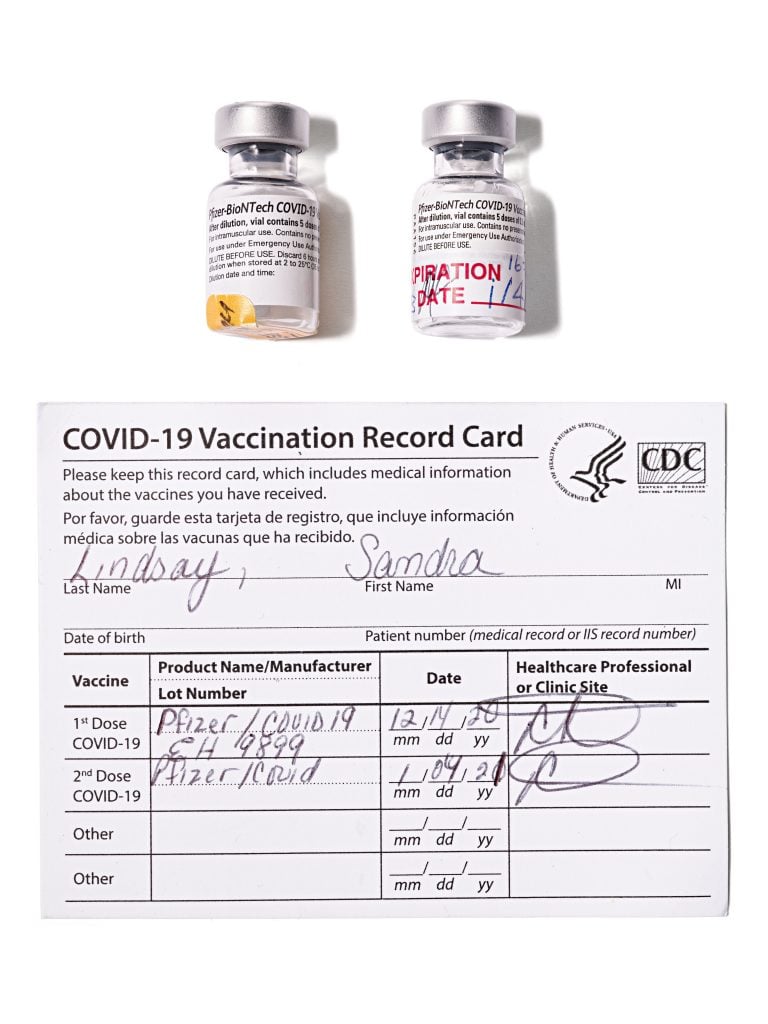 Two vials and Nurse Sandra Lindsay's vaccine record card. Photo courtesy of the Smithsonian’s National Museum of American History, Washington, DC.