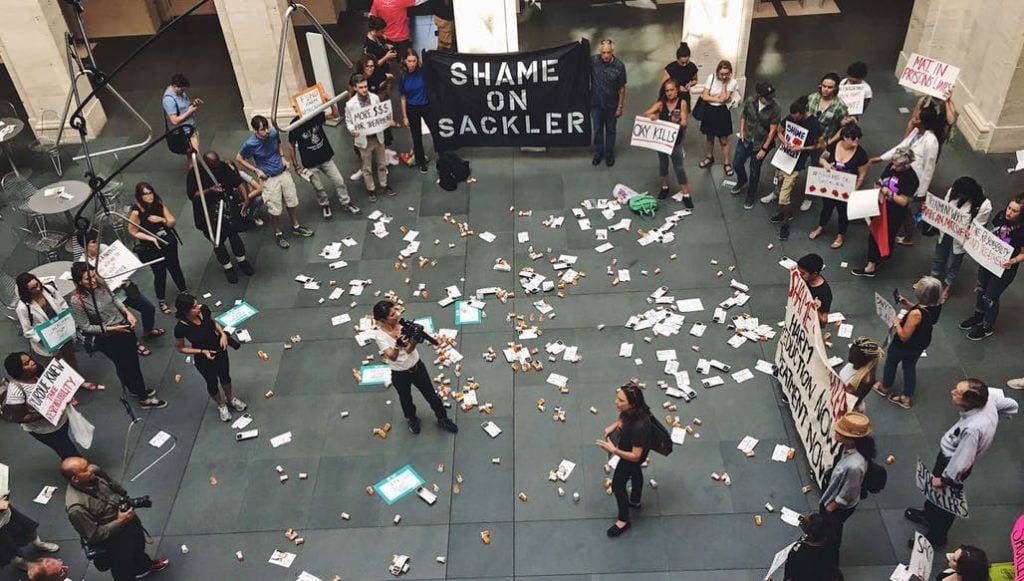 Sackler PAIN protesting the Arthur M. Sackler Museum at Harvard last year. (The museum is named after a Sackler family member who did not benefit from the sale of oxycontin. Photo courtesy of Sackler PAIN.