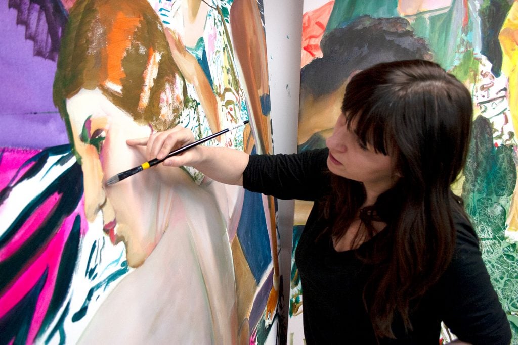 Angela Fraleigh at work in the studio. Photo by Ken Ek, courtesy of the artist.