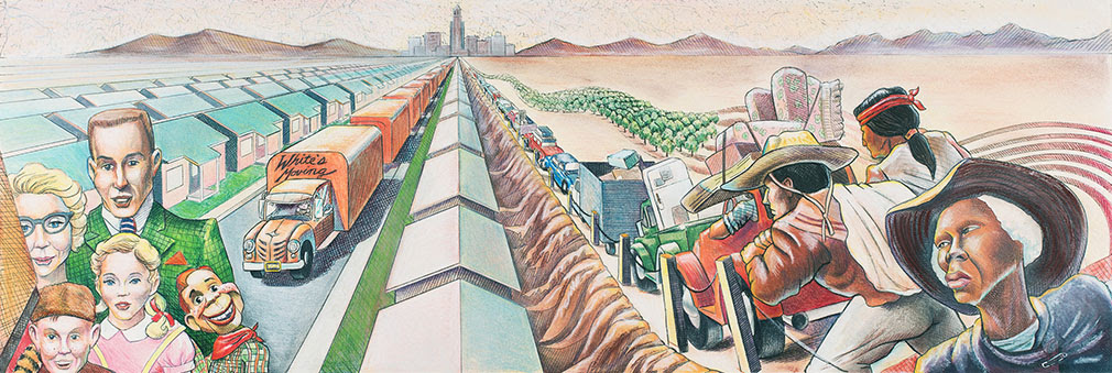 Judith F. Baca, <em>The Great Wall of Los Angeles 1950: The Development of Suburbia </em>(1983). Lucas Museum of Narrative Art, Los Angeles. © 1980 Judith F. Baca/Image courtesy of the SPARC Archives (SPARCinLA.org).