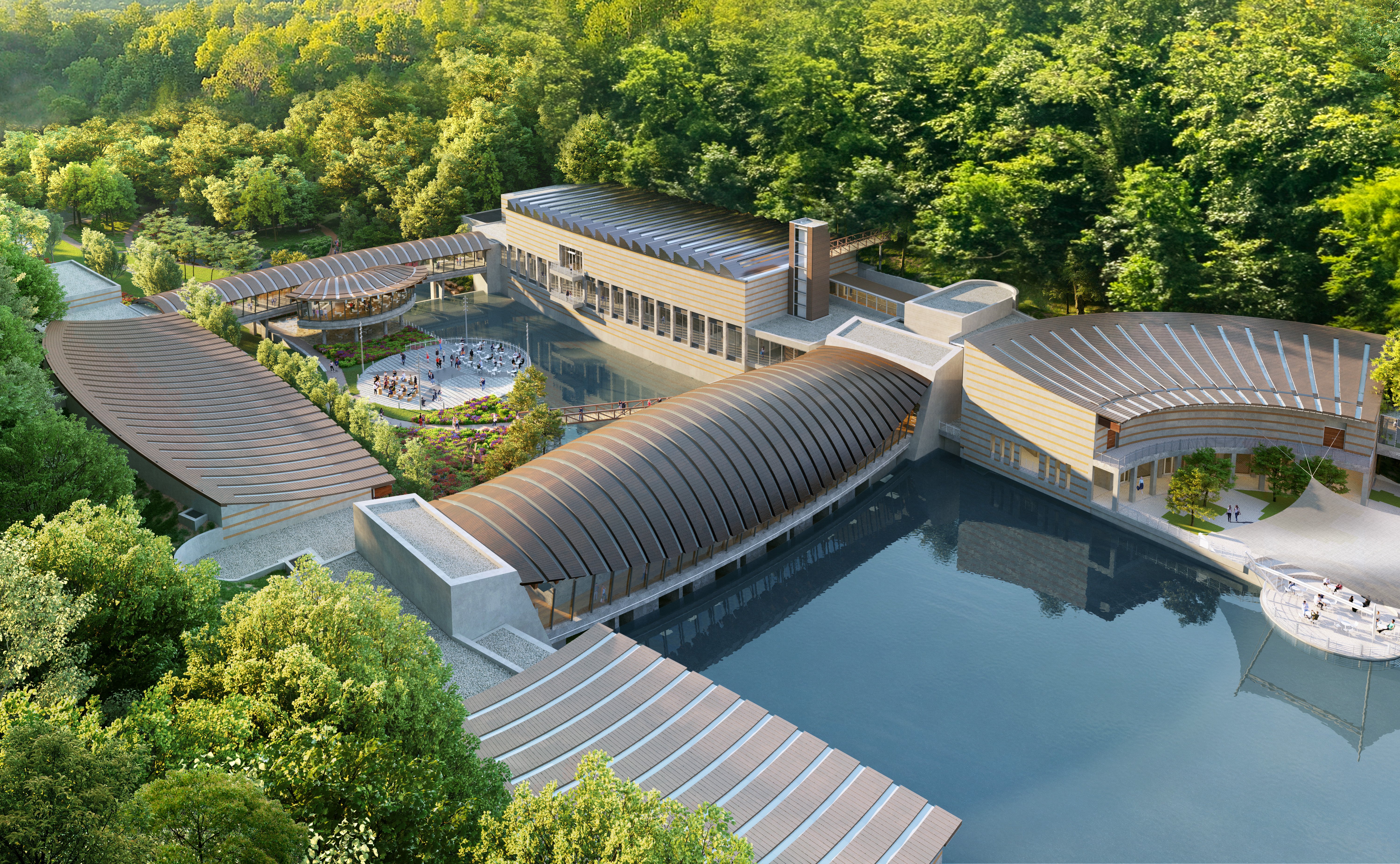 Close aerial of Crystal Bridges looking north. Courtesy of Safdie Architects