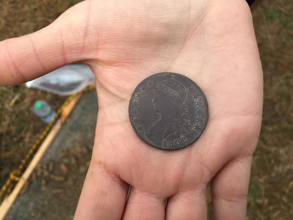 This 1808 coin, from the year that Harriet Tubman's parents were married, helped lead archaeologists to the location of the family cabin. Photo courtesy of the Maryland Department of Transportation.