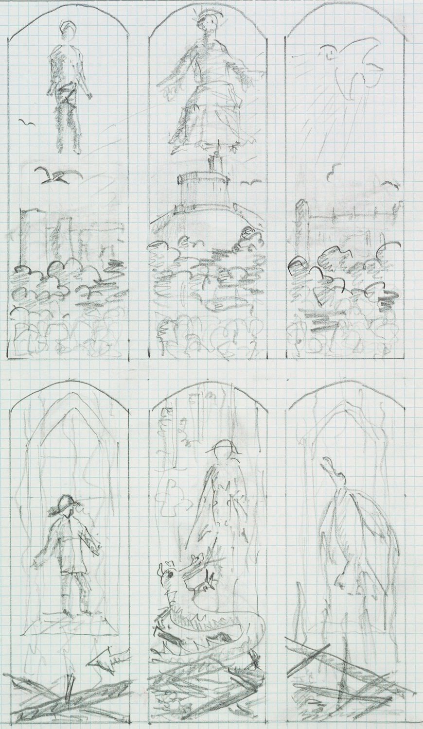 Prince Philip's sketches for the stained glass windows for a private chapel at Windsor Castle. Courtesy of the Royal Collection Trust.