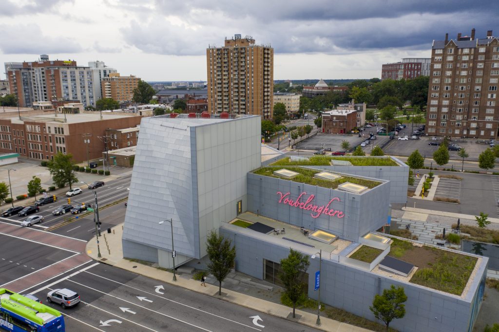 Exterior aerial view of the ICA and Resiliency Garden, 2020. Photo: Max Schlickenmyer