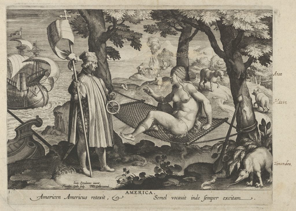 Theodoor Galle, <i>New Inventions of Modern Times [Nova Reperta]</i>, "The Discovery of America," plate 1, ca. 1600. Collection of the Metropolitan Museum of Art