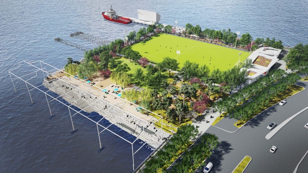 A rendering of the new Hudson River Park on Gansevoort Peninsula, with David Hammons's <em>Day's End</em>. Image courtesy of James Corner Field Operations. 