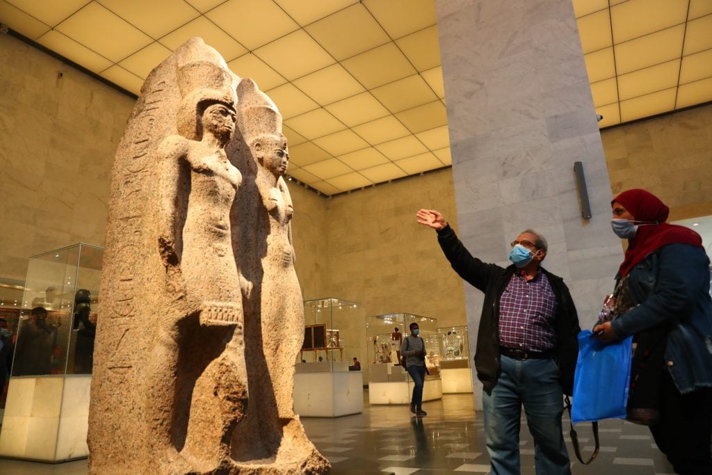 People visit the new National Museum of Egyptian Civilization in Cairo, Egypt, April 4, 2021. Photo by Sui Xiankai/Xinhua via Getty Images.