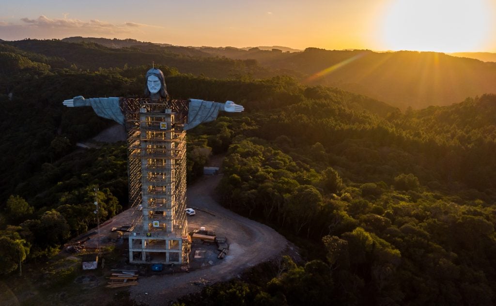 Aerial view of the Christ The Protector Statue, under construction in Encantado, Brazil. (Photo by Buda Mendes/Getty Images)