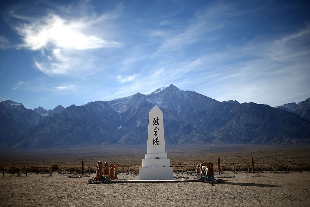 A monument honoring the dead stands in the cemetery at Manzanar National Historic Site on December 9, 2015 near Independence, California. Photo: Justin Sullivan/Getty Images.