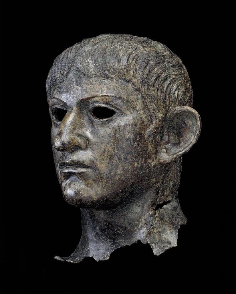 Head from a copper statue of the emperor Nero. Found in England, AD 54– 61. © The Trustees of the British Museum.