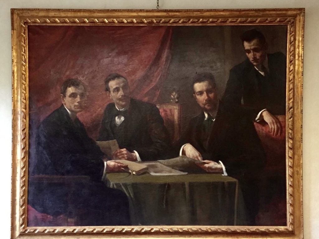 Mario Cini's <i>Portrait of Giovanni Poggi, Odoardo Giglioli, Carlo Gamba, and Nello Tarchiani</i> (1919). Courtesy Uffizi Galleries, Florence.