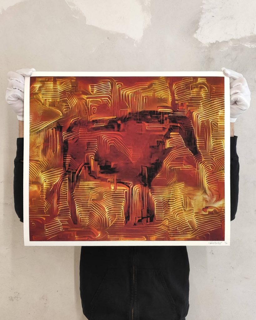 Obvious, <em>Parietal Burner #2</em> (2021). The AI-generated work is based on a work by German street artist Bond Truluv and ancient paintings from the French cave art complex Lascaux. Photo courtesy of the artist. 