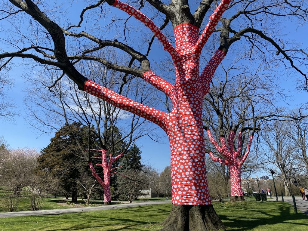 Yayoi Kusama, Ascension of Polka Dots on the Trees (2002/2021) at the New York Botanical Garden. Photo by Sarah Cascone.