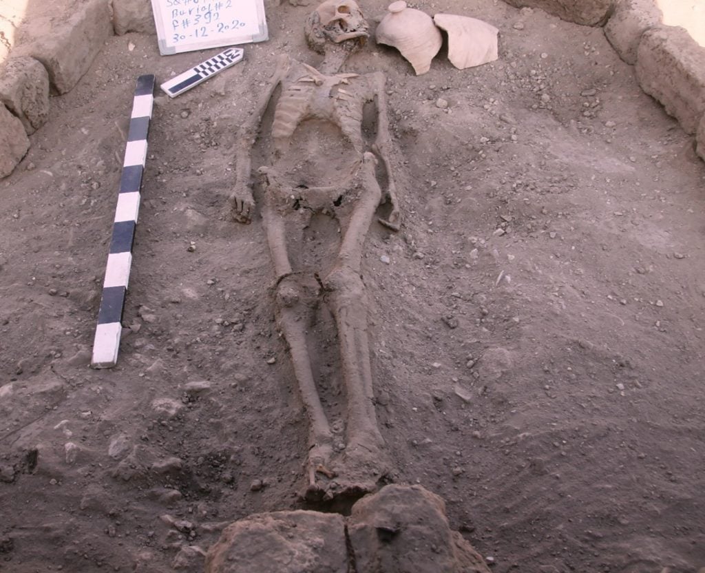 A human skeleton excavated at the lost city discovered by archaeologists near Luxor, which has been dubbed the "Egyptian Pompeii." Photo by Zahi Hawass, courtesy of the Center for Egyptology. 