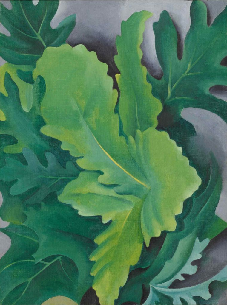 Georgia O'Keeffe's Green Oak Leaves (ca. 1923) was the star lot of the Newark Museum's sale in April 2021. Courtesy of Sotheby's.