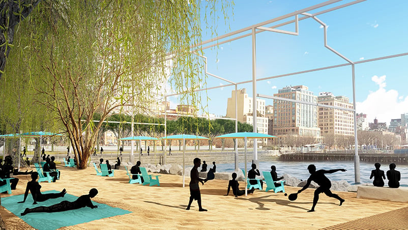 A rendering of the new Hudson River Park on Gansevoort Peninsula, with David Hammons's <em>Day's End</em> seen with Manhattan's first public beach. Image courtesy of James Corner Field Operations. 