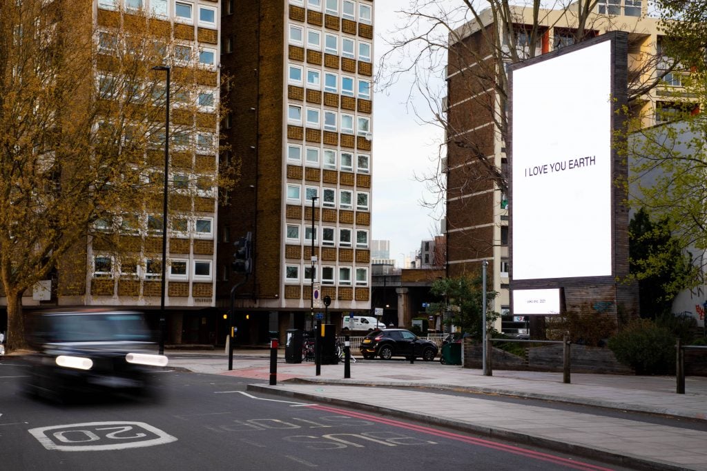 Yoko Ono's artwork <i>I LOVE YOU EARTH</i> is unveiled to mark Earth Day 2021 on the a digital billboards on Lambeth Palace Road in south east London by Serpentine, in partnership with ClearChannel. Photo by David Parry/PA Wire. 