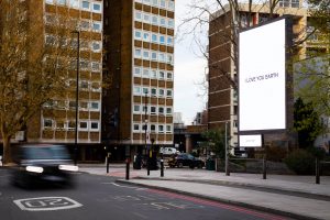 Yoko Ono's artwork I LOVE YOU EARTH is unveiled to mark Earth Day 2021 on the a digital billboards on Lambeth Palace Road in south east London by Serpentine, in partnership with ClearChannel. Photo by David Parry/PA Wire.