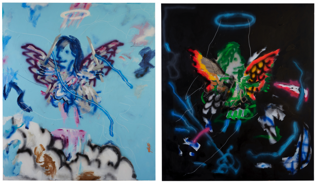 From left: Robert Nava, <I>Cloud Rider Angel</i> (2020); <i>Night Storm Angel</i> (2020). Courtesy of the artist and Vito Schnabel Gallery.