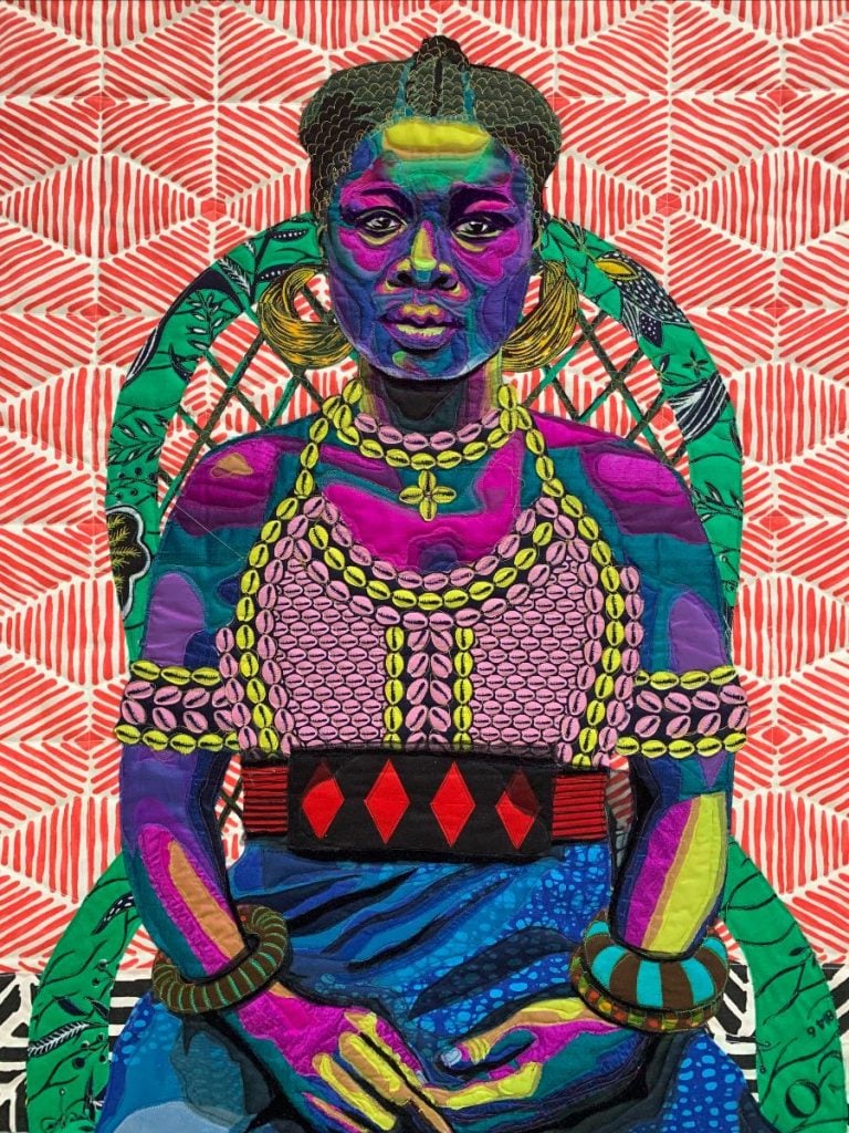 Bisa Butler, <em>Dahomey Amazon</em> (2019). Private collection. Photo by John Butler.