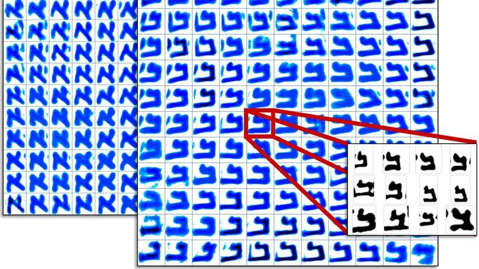 Kohonen maps (blue colormaps) of the character aleph and bet from the Dead Sea Scroll's Great Isaiah Scroll used to analyze the handwriting. Image courtesy of Maruf A. Dhali, University of Groningen.
