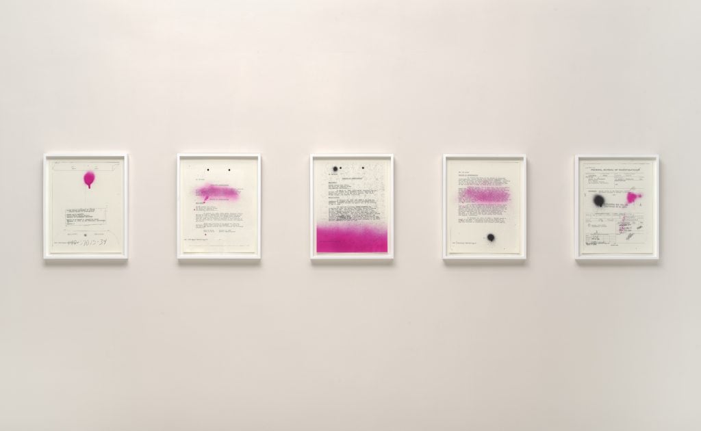 Sadie Barnette, <i>My Father's FBI File; Government Employees Installation</i> (2017). Courtesy of the Solomon R. Guggenheim Museum, New York.