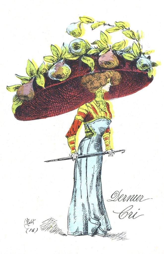 <em>Hat of enormous proportion</em>, fashion illustration, early 1900s. (Photo by Culture Club/Getty Images)