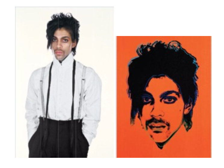 Right: Lynn Goldsmith's original photograph of Prince; left: Andy Warhol's <i>Orange Prince</i> 