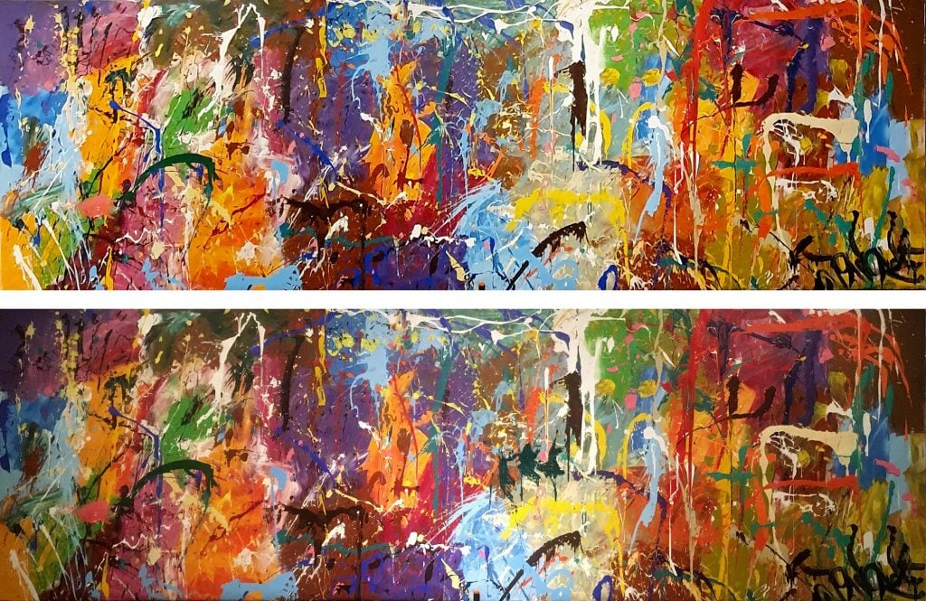 JonOne, Untitled before and after vandalization. The three dark blotches in the lower image were added by visitors to 