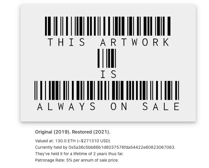 Screenshot of Simon de la Rouviere's <em>This Artwork Is Always on Sale</em> with data about its transaction history.