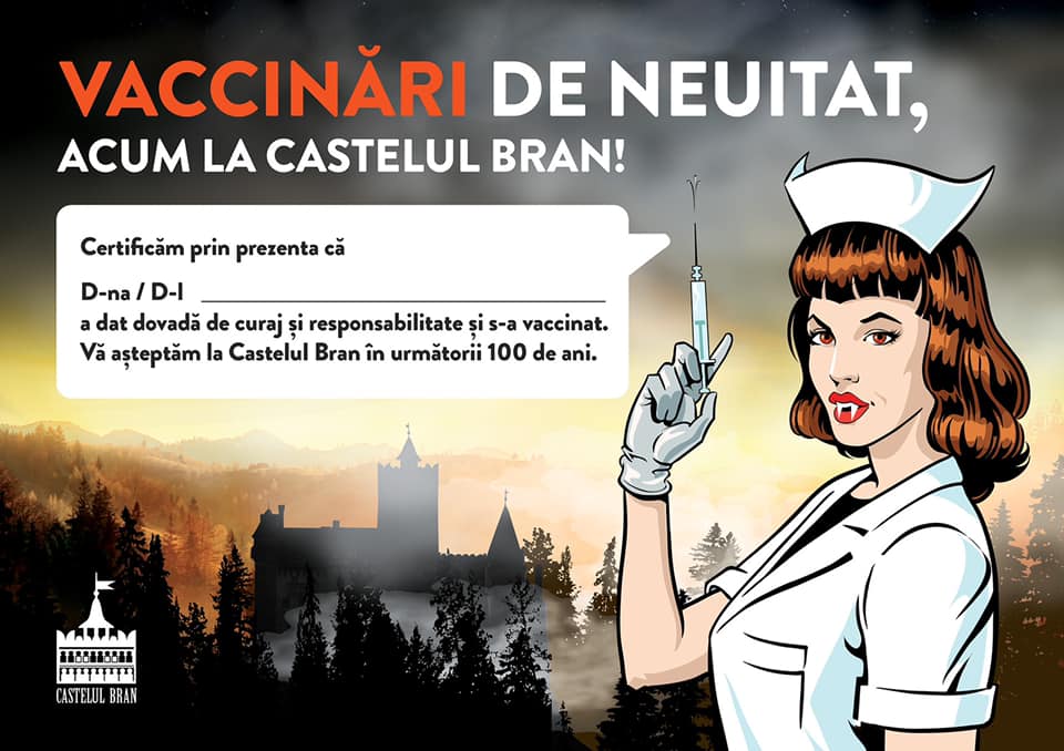 A vaccination diploma from Romania's Bran Castle, which is offering shots on weekends this May. Courtesy of Bran Castle. 