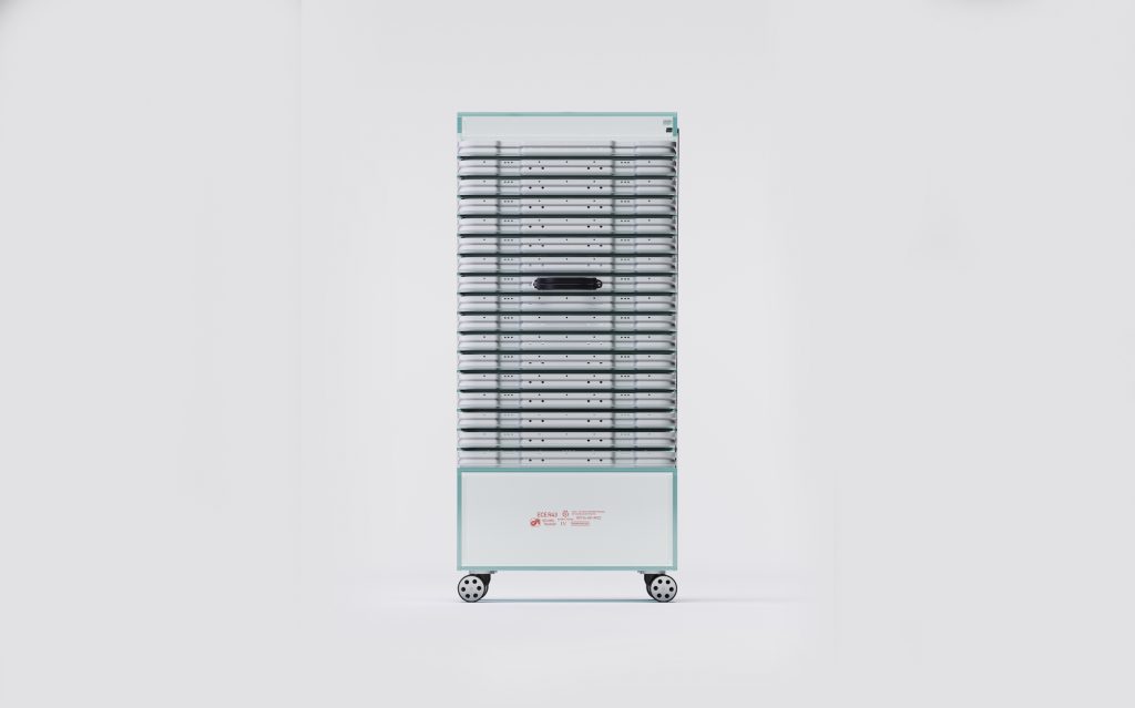 RIMOWA x NUOVA NA–01-20 Glass Service Cart is a mobile dinner service cart with compartments to store 18 serving trays.