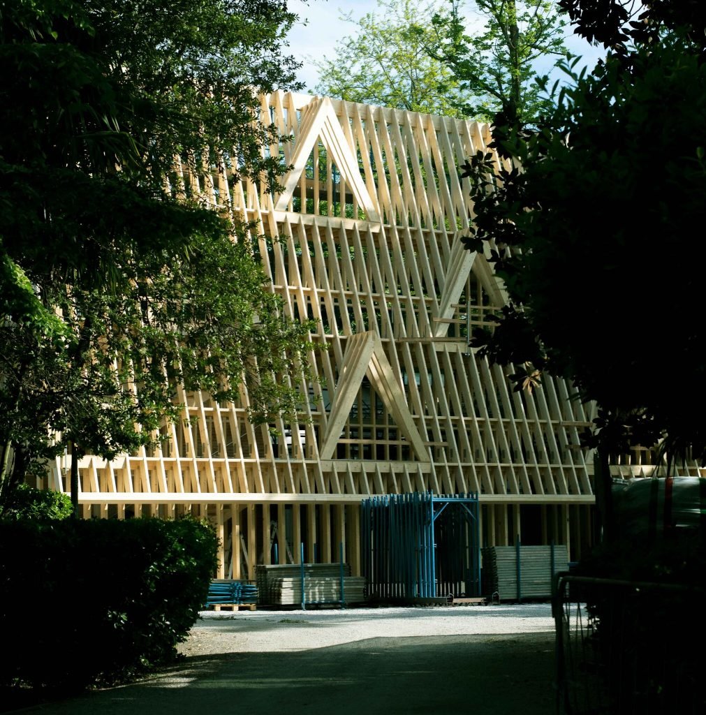 A frame-only wooden structure has been built in front of the U.S. pavilion at the Venice Architecture Biennale. Photo courtesy of Paul Andersen and Paul Preissner.