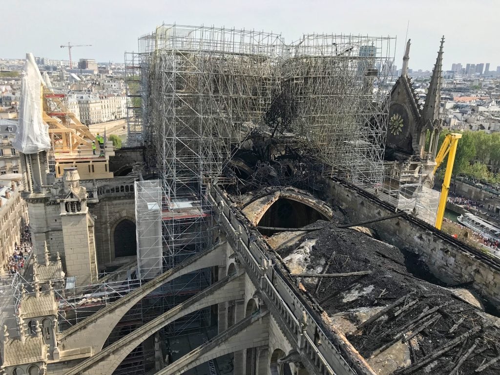 The roof of Notre Dame Cathedral in Paris after the fire. Photo courtesy of Etablissement Public pour la restauration de Notre-Dame de Paris.