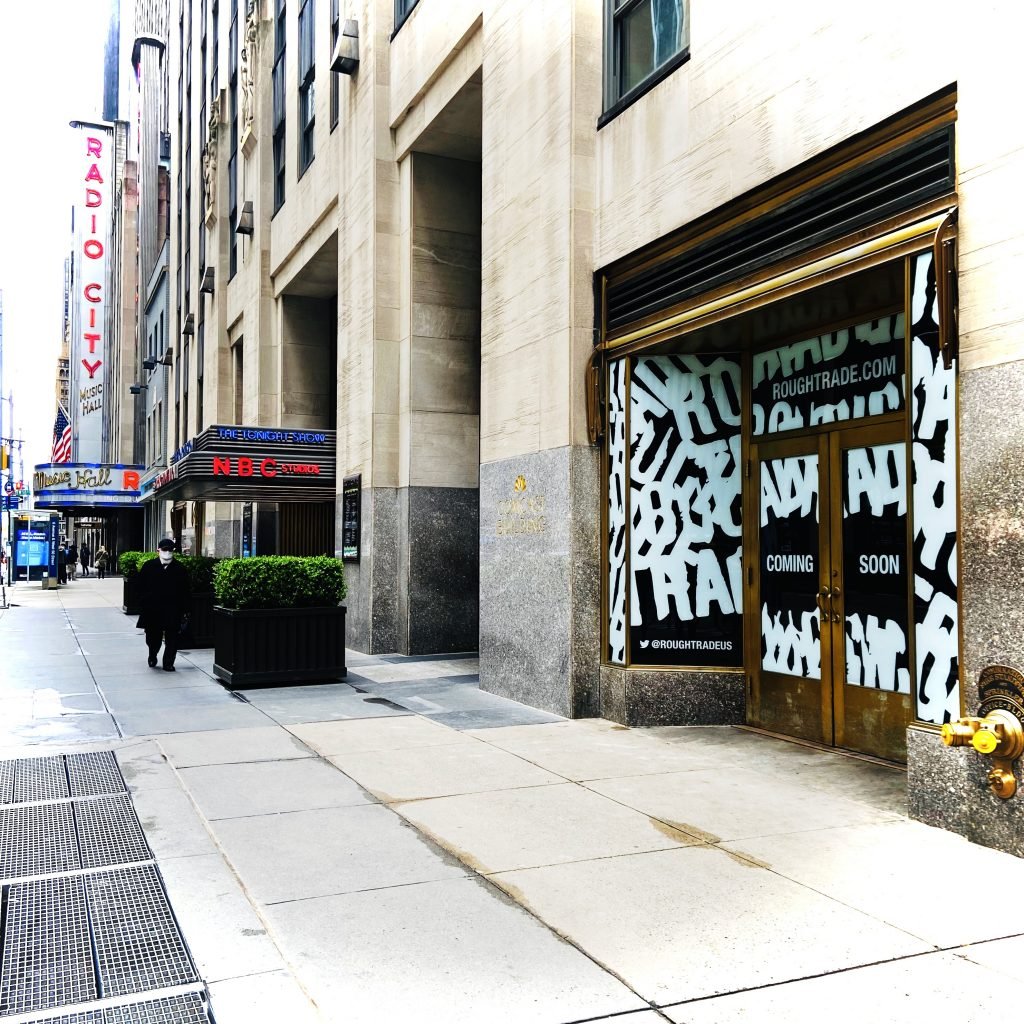 The exterior of Rough Trade NYC's new location at 30 Rockefeller Plaza, opening June 1, 2021. Courtesy of Rough Trade.