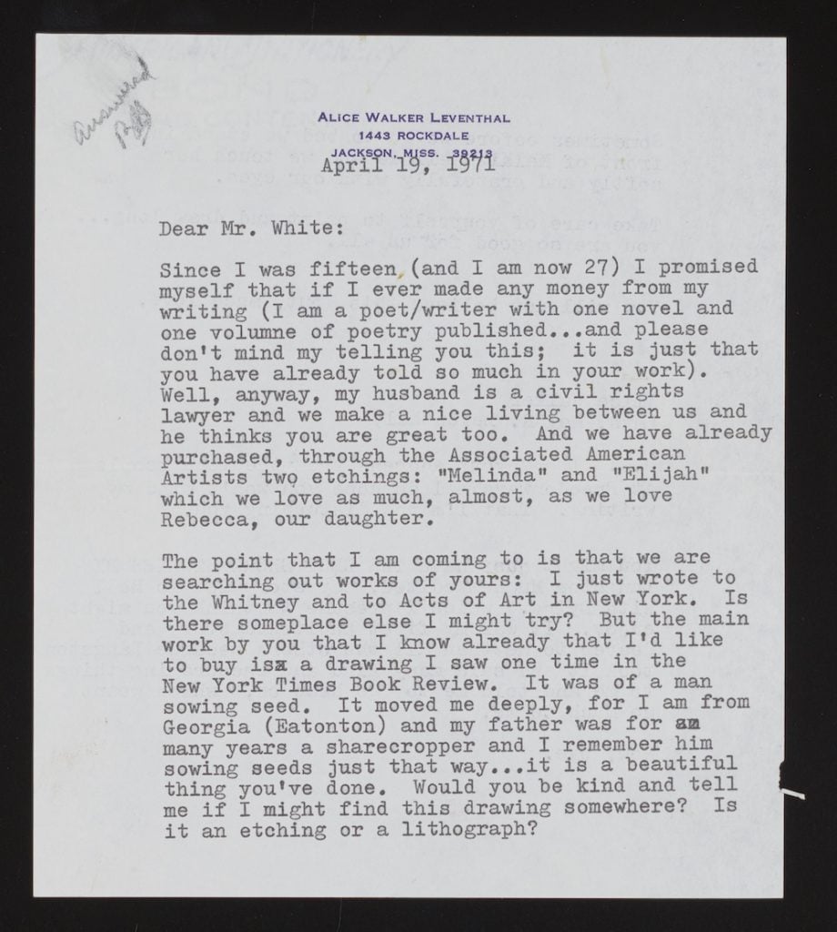 Letter from Alice Walker Leventhal to Charles W. White, April 1971. Charles W. White papers, 1933–1987. Courtesy of the Archives of American Art, Smithsonian Institution.