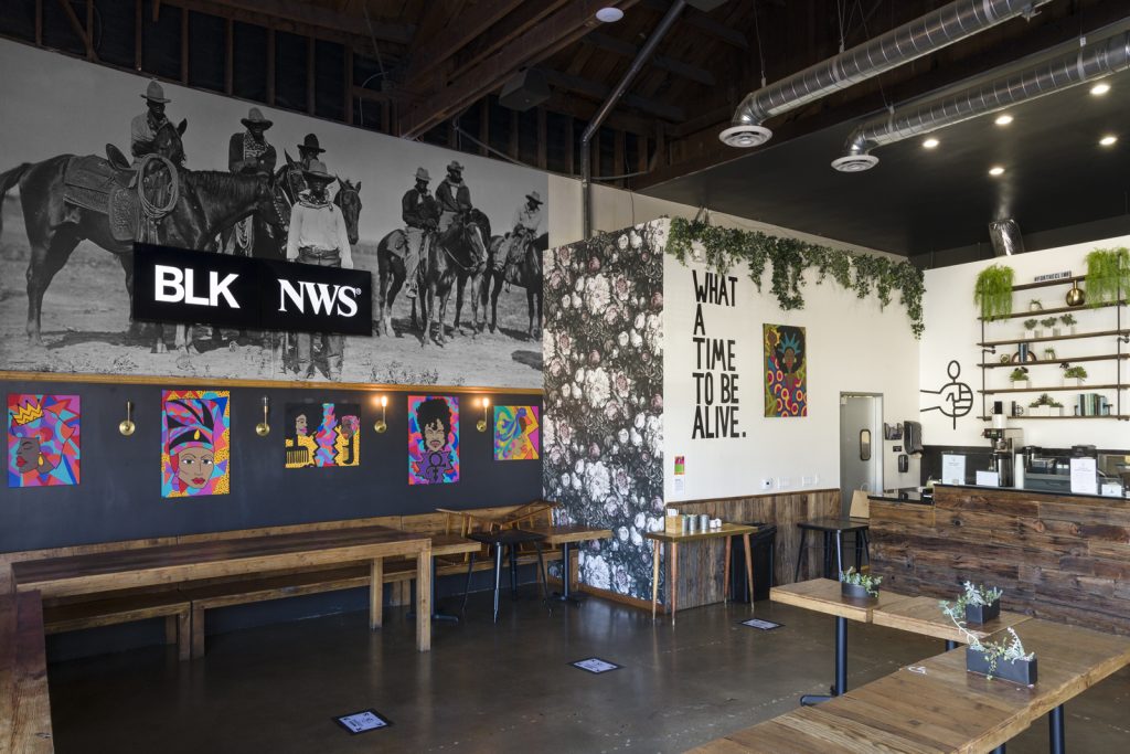 Kahlil Joseph, <i>BLKNWS®</i> (2018–ongoing). Two-channel fugitive newscast. Courtesy of the artist. Installation view, Made in L.A. 2020: a version, Hilltop Coffee + Kitchen, Los Angeles. Photo: Jeff McLane.
