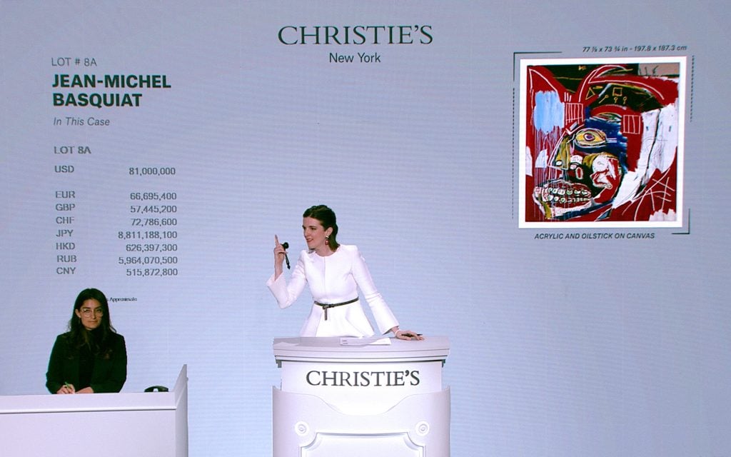 Auctioneer Gemma Sudlow fields bids during Christie's 21st Century evening sale in New York in May 2021. Photo: Christie's Images Ltd. 2021.