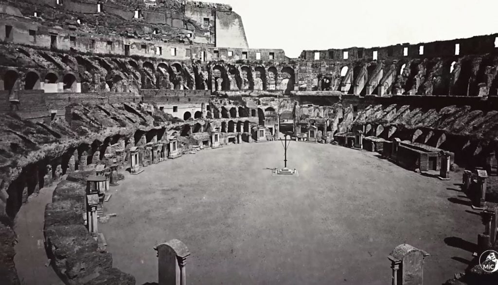 The Colosseum in Rome before excavations of the hypogeum (the underground chambers beneath the arena), in about 1870. Photo courtesy of the Italian Culture Ministry.