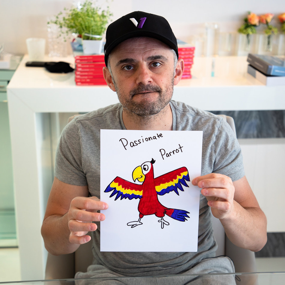Gary Vaynerchuk holds one of the VeeFriends drawings he created , the "Passionate Parrot" Courtesy VeeFriends.com.