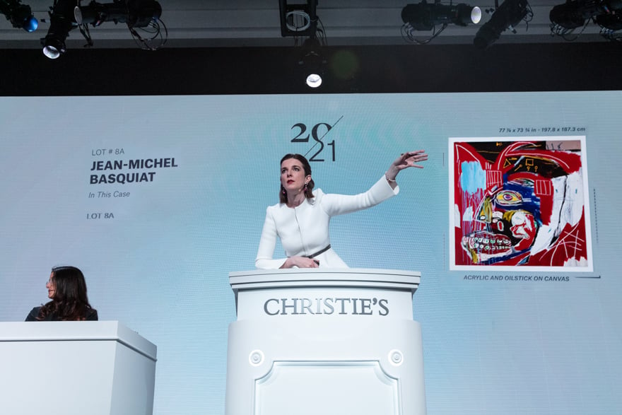 Auctioneer Gemma Sudlow fields bids during Christie's 21st Century evening sale in New York in May 2021. Photo: Christie's Images Ltd. 2021.