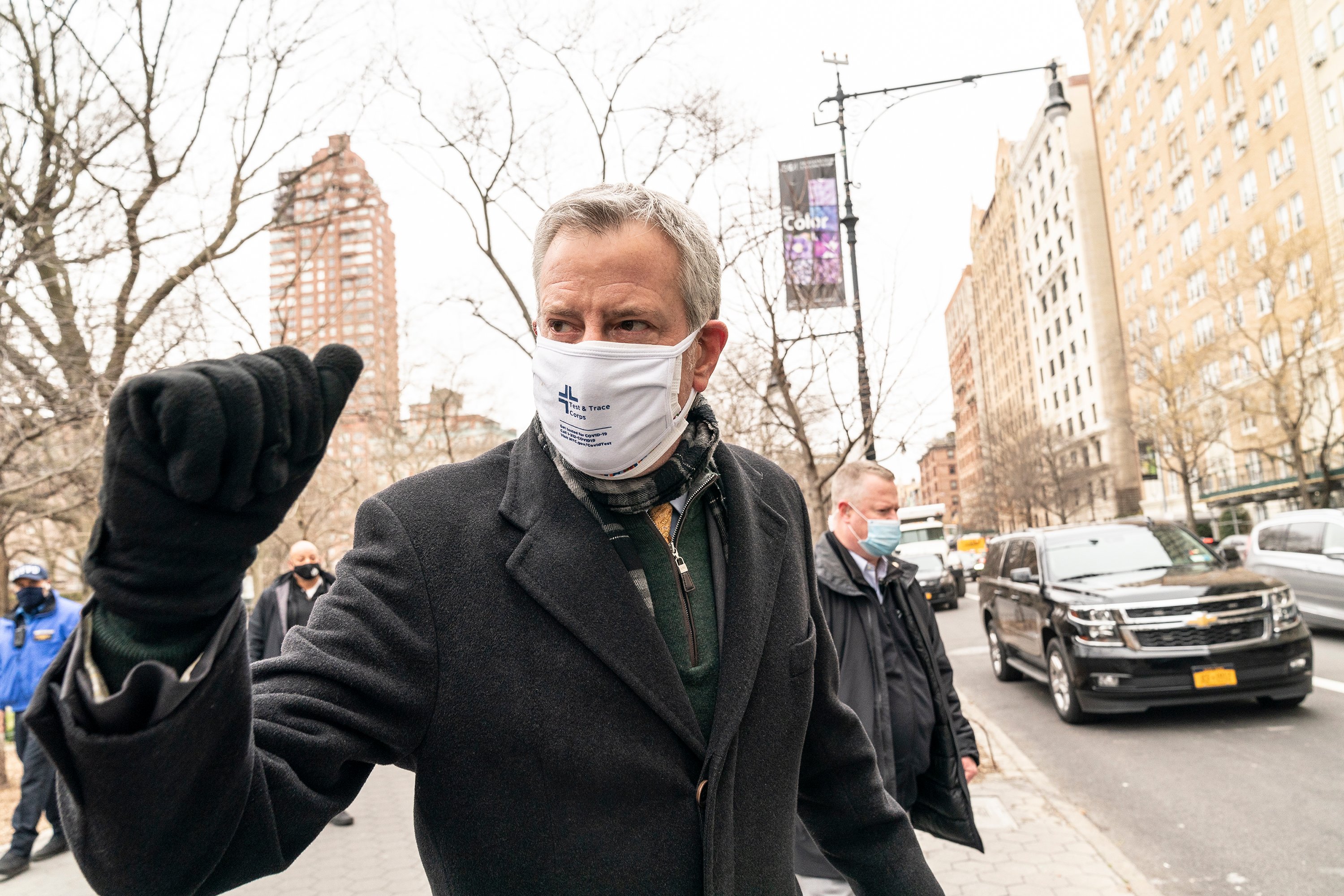 Mayor Bill de Blasio leaves after making an announcement at Delacorte Theater in Central Park in March of 2021. Photo: Lev Radin/Pacific Press/LightRocket via Getty Images.